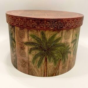 Round Decorative Palm Tree Storage Box & Lid 6x9” Keepsakes Sewing Crafts Hat
